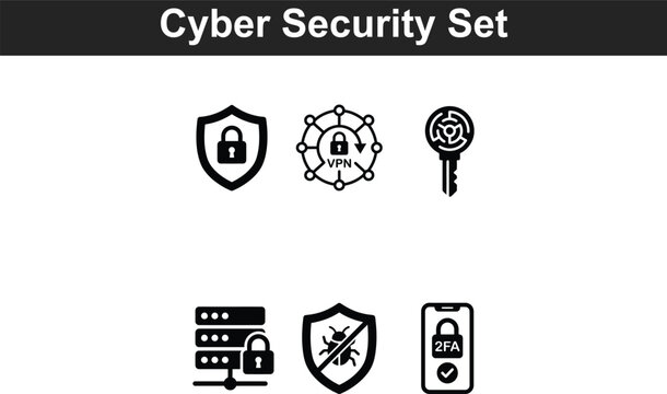 Cyber security set featuring shield with padlock, VPN and authentication key, virus protection.