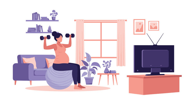 Pregnant woman sitting on a fitness ball and exercising with dumbbells in her living room while watching an exercise video on TV.