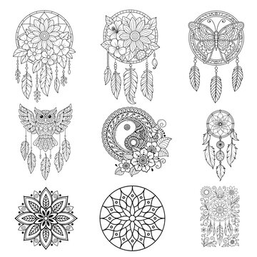 Set of Hand-Drawn Dream Catchers and Mandala Illustrations with Floral and Animal Elements for Decorative Designs