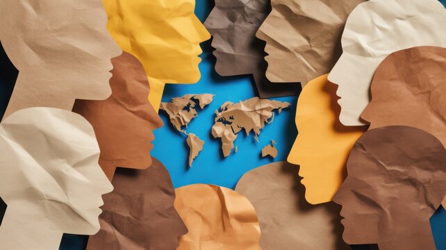 Diverse human profiles around a crumpled world map