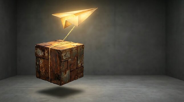 Paper airplane lifting heavy rusty metal box, representing strength, overcoming obstacles, business logistics and innovative solutions
