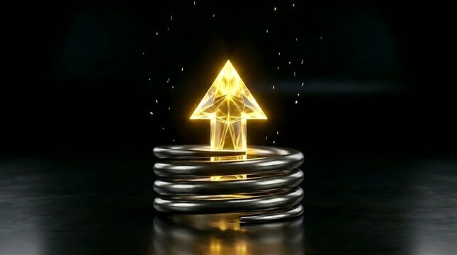 Upward glowing crystal arrow emerging from metal spring, symbolizing business growth, economic bounce back and financial success