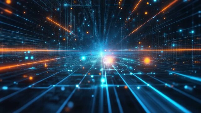 Digital Gridscape: An abstract visualization of a digital grid with glowing lines of blue and orange, suggesting a high-tech data stream or network.