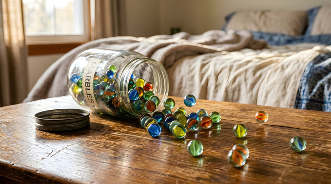 Glass marbles spilling from a jar on a wooden surface