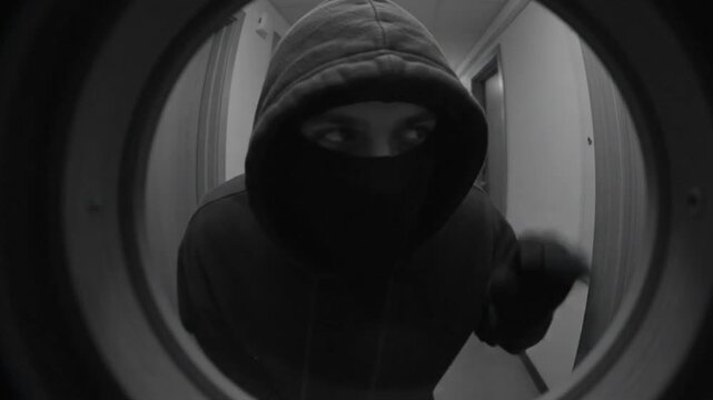 Hooded intruder seen through peephole at apartment door. Anonymous person in hoodie in hallway, black and white wide-angle view, home security and crime concept.