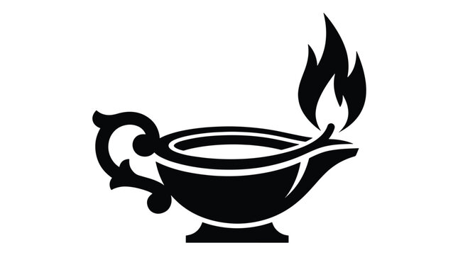 Black silhouette of a classic oil lamp with a lit wick and decorative handle