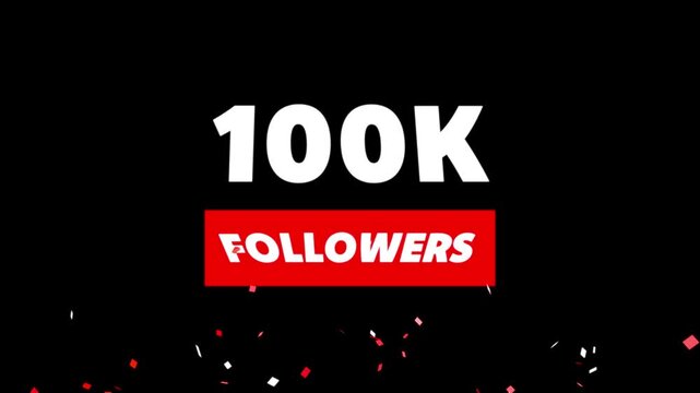 Congratulations Social media 100k followers counting notification icon animation on alpha channel.