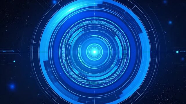 A glowing blue digital interface with concentric circles and abstract data patterns