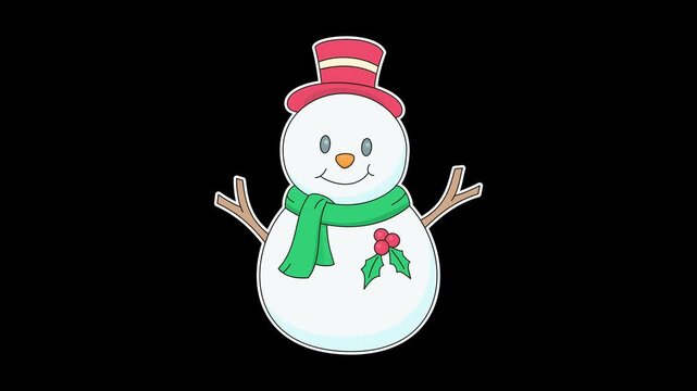 Seamless looping animation of a swinging snowman with a red top hat and green scarf for winter and Christmas seasonal concepts. Flat style sticker element on transparent alpha channel background
