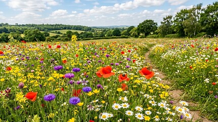 Obraz premium Colorful wildflower meadow in bright daylight with green trees