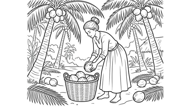 Woman Harvesting Coconuts in Tropical Plantation for Organic Food Production and Sustainable Farming Industry Coloring Page Art
