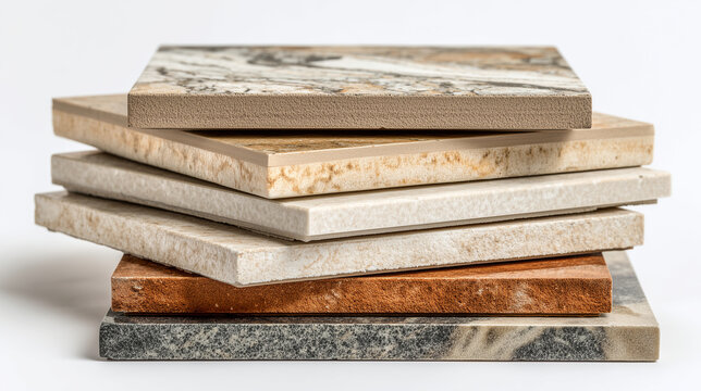 Close-up of stacked rectangular tile samples showing stone patterns and matte edges in studio lighting