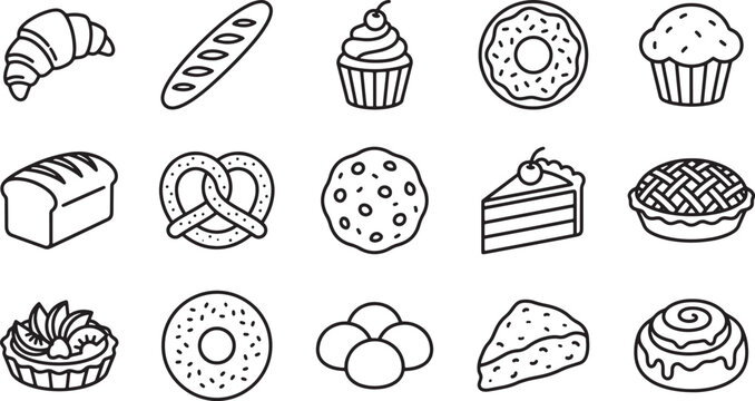 Bakery and pastry icons set featuring bread croissant donut cupcake cookie and pie in simple line art