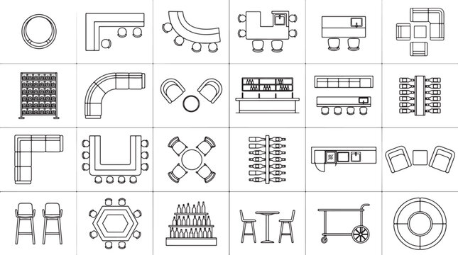 Furniture top view icons set for interior design floor plans featuring tables chairs and bar counters