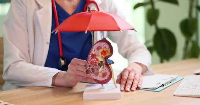 Doctor covers human kidney model with toy umbrella from falling stones in clinic. Medical professional protects body organ from disease in hospital