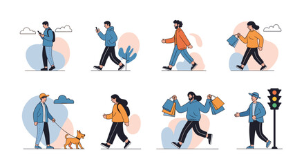 Fototapeta premium Diverse set of people walking in different directions while carrying shopping bags, using phones, or walking a pet dog outdoors.