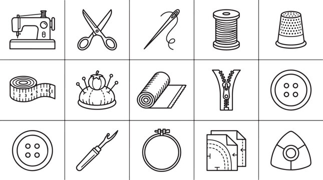 Sewing and tailoring icon set featuring needlework tools and garment construction equipment in a simple line art style