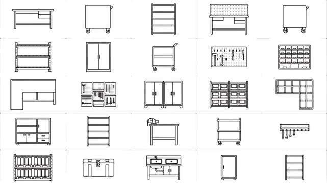 Workshop furniture and storage equipment icons set featuring workbenches shelves cabinets and tool organizers in vector line art