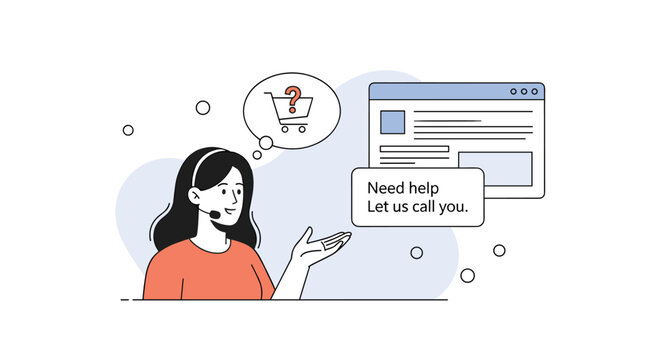 Customer support specialist wearing a headset offers a callback service with a message bubble saying let us call you on the screen.