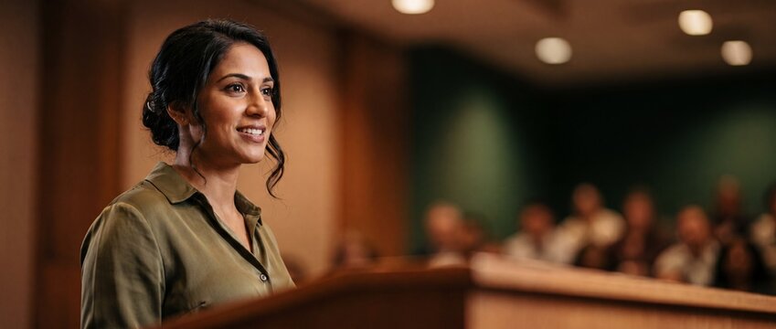 Confident female speaker public speaking at podium in auditorium presenting to audience with smile, professional young indian woman lecturer, business presentation, conference seminar education forums