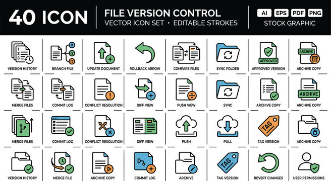 File Version Control Icon Set With Commit Logs Merge Conflicts Sync Folders Archive Copies And User Permissions