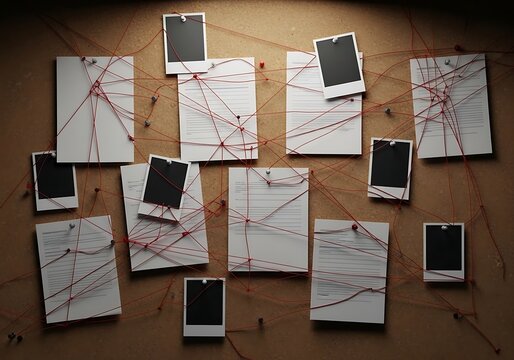 Detective investigation board with documents and photos connected by red string
