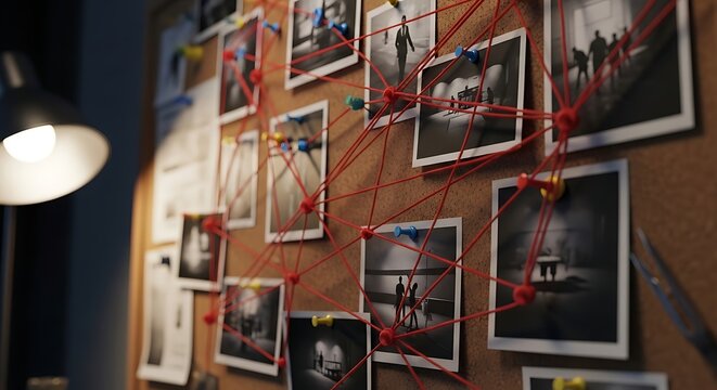 Investigation board with photos, red string, and pins