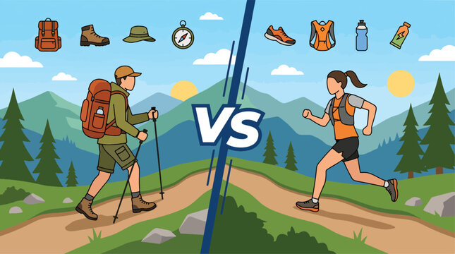 Mountain Ridge Hiking and Trail Running Summer Sport Versus Vector Template