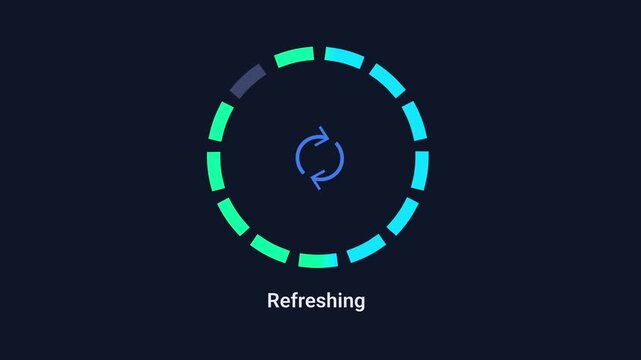 Animated digital interface showing a system refresh operation with a circular reload icon and progress indicator on a dark background, representing synchronization, updating, and continuous processing