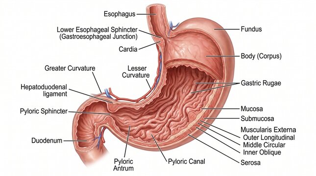 Detailed Medical Illustration of Human Stomach Anatomy with Labels Showing Internal Structure and Layers