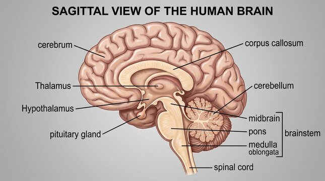 Detailed medical illustration of a sagittal view of the human brain with anatomical labels including cerebrum, cerebellum, and brainstem.