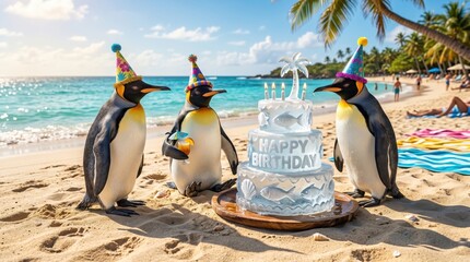 Three Funny Emperor Penguins Celebrating a Birthday Party with a Large Cake on a Sunny Tropical Beach