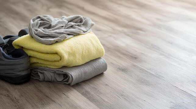 A neatly folded stack of colorful towels beside a pair of sports shoes on a wooden floor, suggesting leisure and comfort.