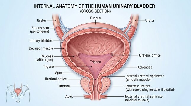 Internal Anatomy of the Human Urinary Bladder Cross-Section Illustration with Detailed Anatomical Labels