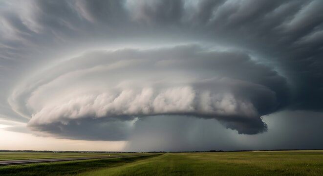 Dramatic supercell storm cloud over a vast open prairie landscape