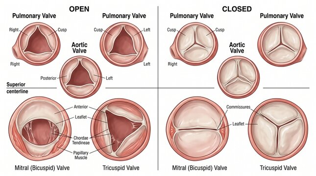 Human Heart Valves Anatomy Illustration Showing Open and Closed Positions of Pulmonary, Aortic, Mitral, and Tricuspid Valves with Detailed Labeling