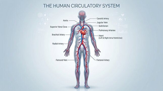 Detailed illustration of the human circulatory system with labels for major arteries and veins including heart, aorta, and vena cava.