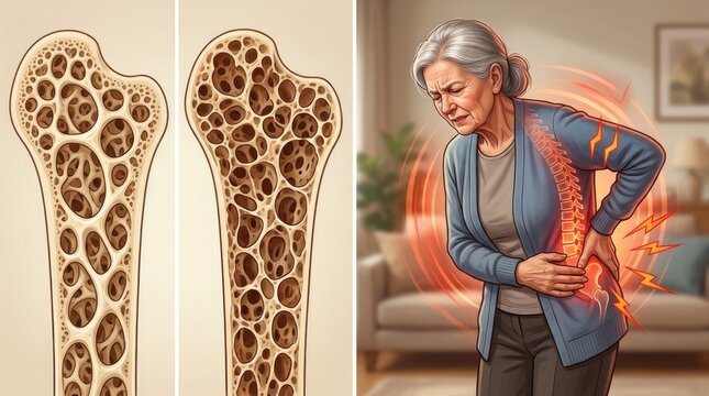 Progressive bone disorder: osteoporosis disease, skeletal weakness, density decrease, porous matrix, elderly suffer, spinal ache, femur discomfort, body structure.