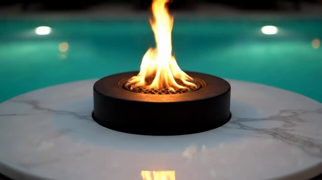 A small portable fire pit burns brightly on a marble table. The tranquil pool water reflects the warm, inviting flames.