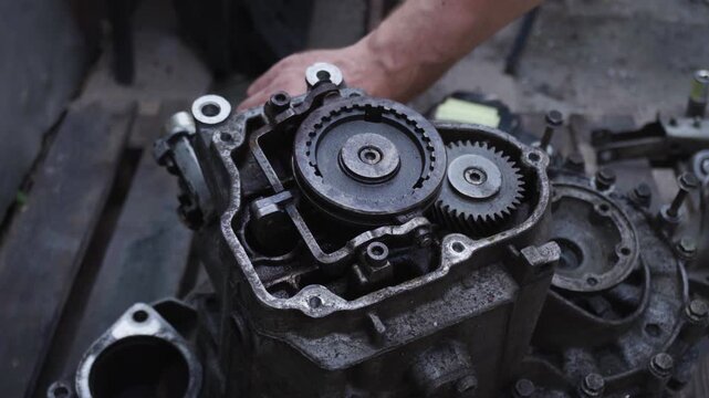 old gear shift box from a front-wheel drive car installing cables and shifting gears disassembly for repair