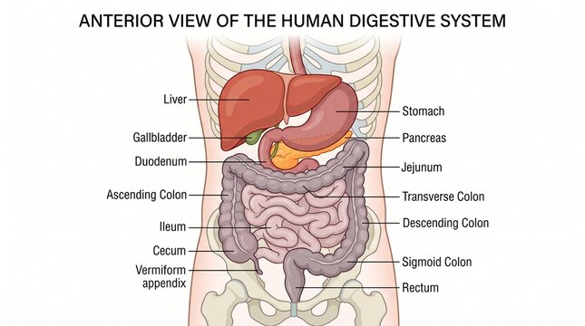 Anterior View of the Human Digestive System Medical Illustration with Detailed Organ Labels