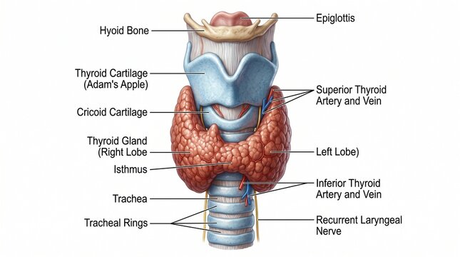 Detailed medical illustration of the human thyroid gland anatomy with labels including larynx, trachea, and blood vessels
