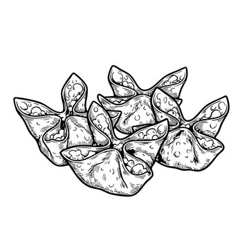 A black and white ink illustration of crab rangoon wontons with crispy folded edges and savory filling.