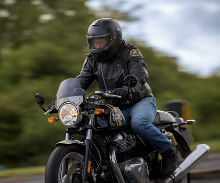 Stony Stratford,Bucks,UK - June 7th 2026:  Man riding a Royal Enfield Continental GT 650 motorcycle driving on a British road
