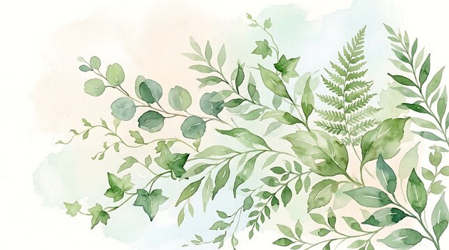 Watercolor botanical leaf and fern illustration with soft green shades
