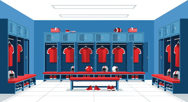 Blue locker room with red jerseys hanging in open lockers and football helmets on benches for team training facility.