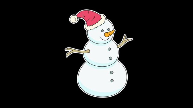 Seamless looping animation of a swinging snowman wearing a red Santa hat for winter and Christmas holiday seasonal concepts. Flat style sticker element on transparent alpha channel background
