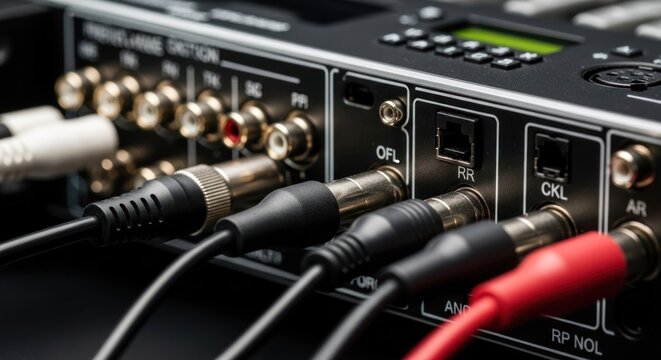 Close-up of audio equipment with various cables and connectors for sound recording and mixing.