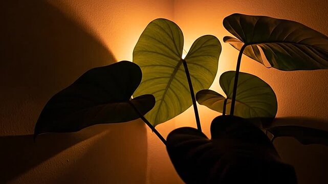 A green houseplant is illuminated by a warm light against a plain wall corner