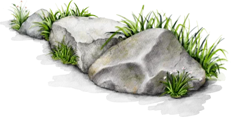 Watercolor hand-painted natural gray stones with grass growing through them © Artnizu